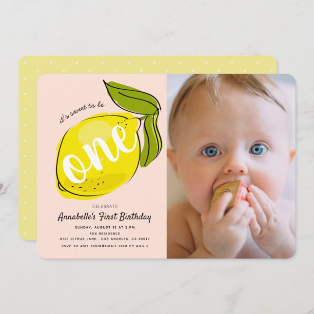 Lemon Baby Pink Photo 1st Birthday Invitation (Front/Back)