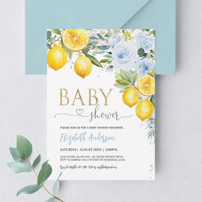 Lemon Baby Shower Blue Gold Lemon Shower Invitation (Creator Uploaded)