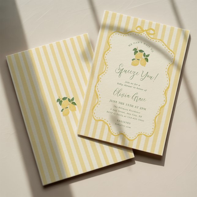 Lemon Baby Shower Can't Wait to Squeeze Invitation (Featuring soft butter yellow stripes, a whimsical bow frame, and elegant dark green typography)