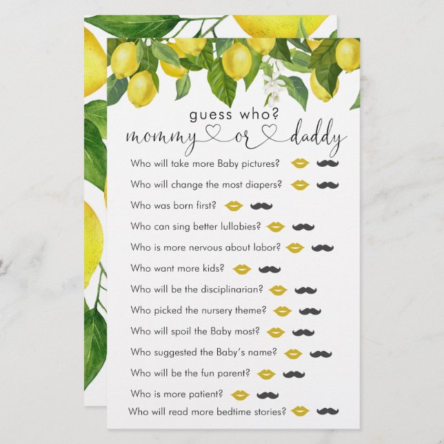 Lemon  Baby Shower "Guess Who" Game (Front/Back)