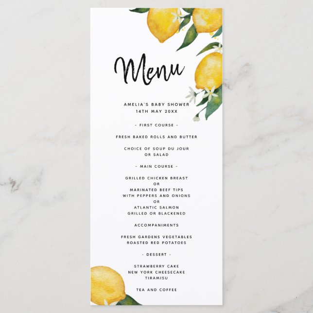 Lemon Baby Shower Menu Card (Front)