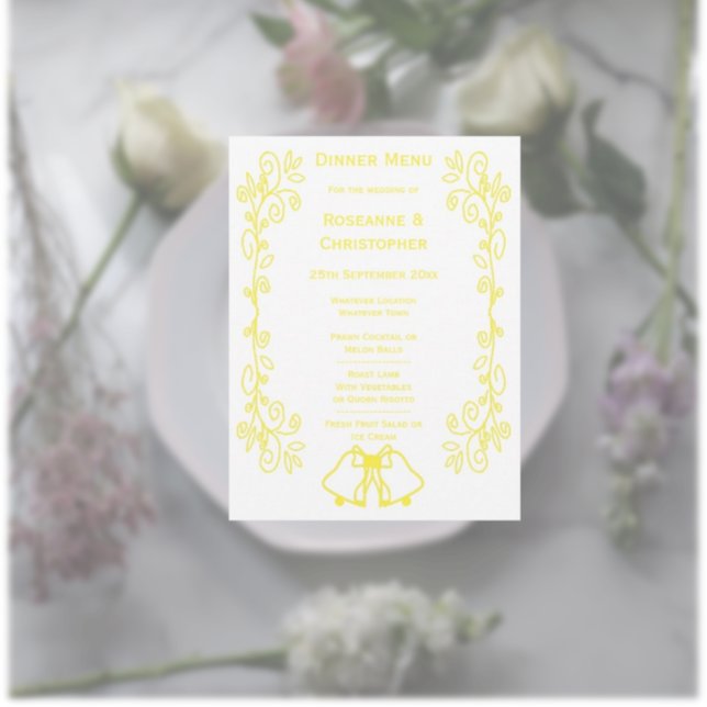 Lemon Bells Scrollwork Design Wedding Menu (Yellow wedding menu bells and scrollwork design)