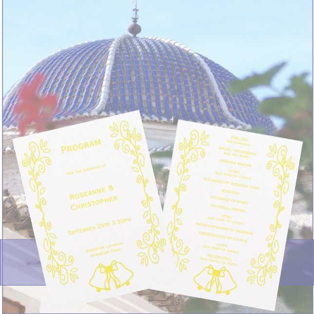 Lemon Bells Scrollwork Design Wedding Programme (Yellow wedding church program bells and scrollwork design)