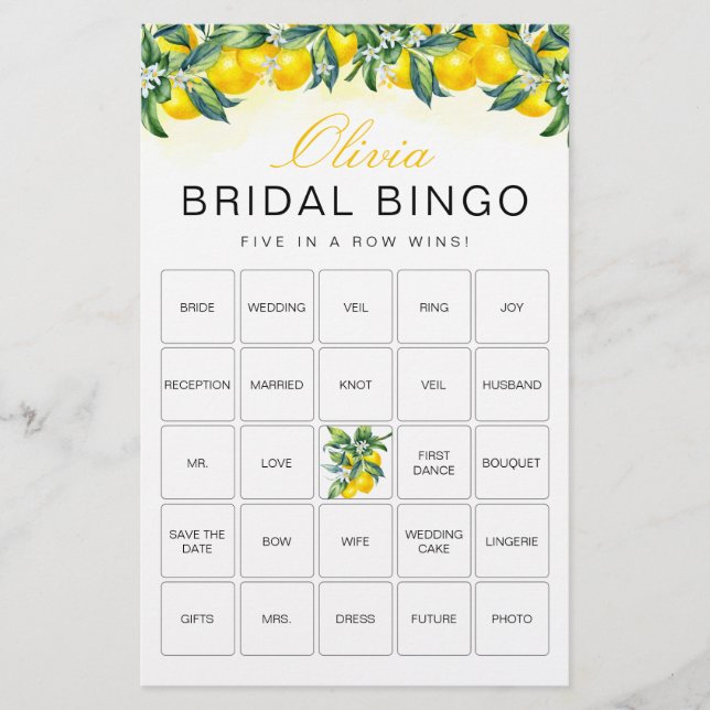 Lemon Bingo Bridal Shower Game Card (Front)