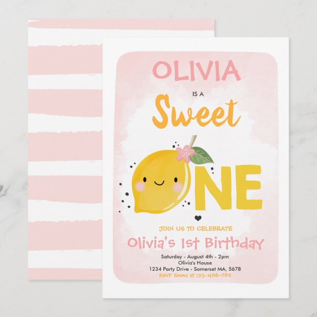 Lemon Birthday Invitation Sweet One 1st Birthday (Front/Back)