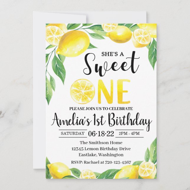 Lemon Birthday Invitation | Sweet One Invitation (Front)