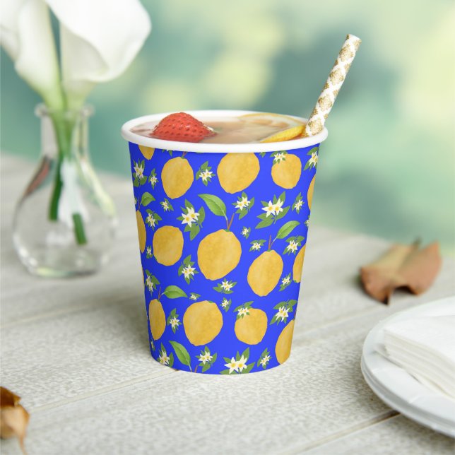 Lemon Bloom Collection patterned blue Paper Cups (Insitu)