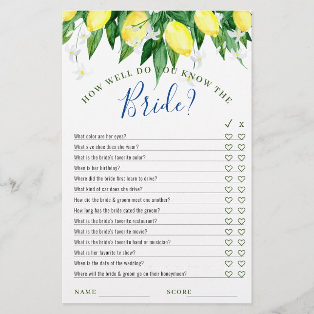 Lemon Blossom Double-Sided Bridal Shower Game (Front)