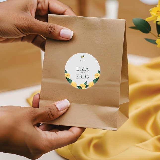 Lemon Blossom Floral Tree Elegant Minimal Wedding Classic Round Sticker (Lemon Blossom Floral Tree Elegant Minimal Wedding Classic Round Sticker)