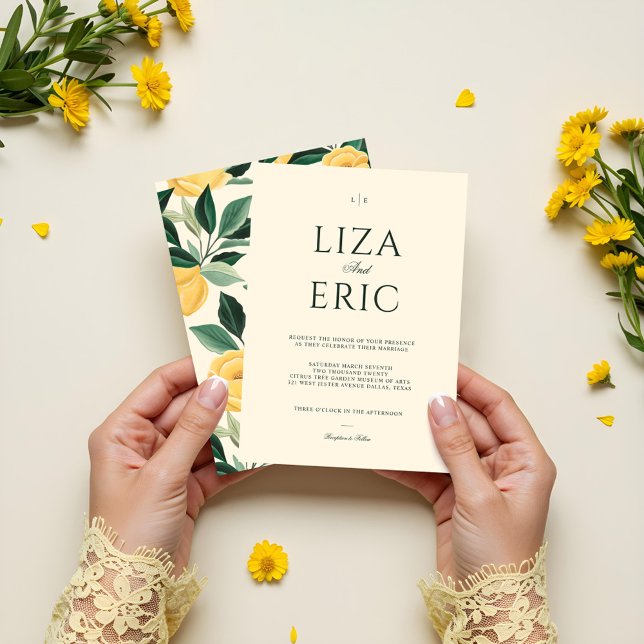 Lemon Blossom Floral Tree Elegant Yellow Wedding Invitation (Lemon Blossom Floral Tree Elegant Yellow Wedding Invitation)