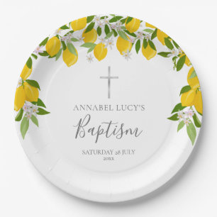 Lemon Blossom Greenery Baptism Christening Paper Plate