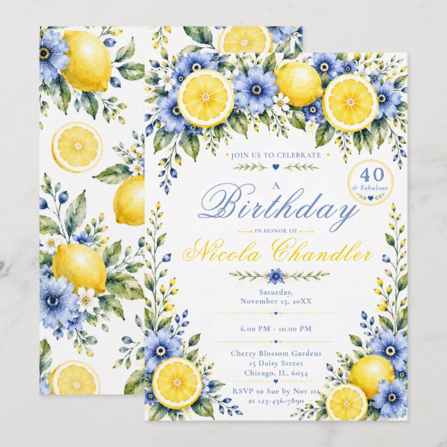 Lemon Blue 40th Birthday Invitation (Front/Back)