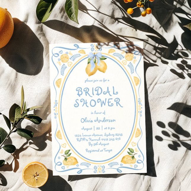 Lemon Blue Bow Modern Bridal Shower Invitation (Creator Uploaded)