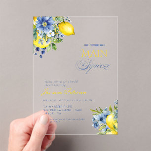 Lemon Blue Floral Citrus Bridal Shower Acrylic Invitations