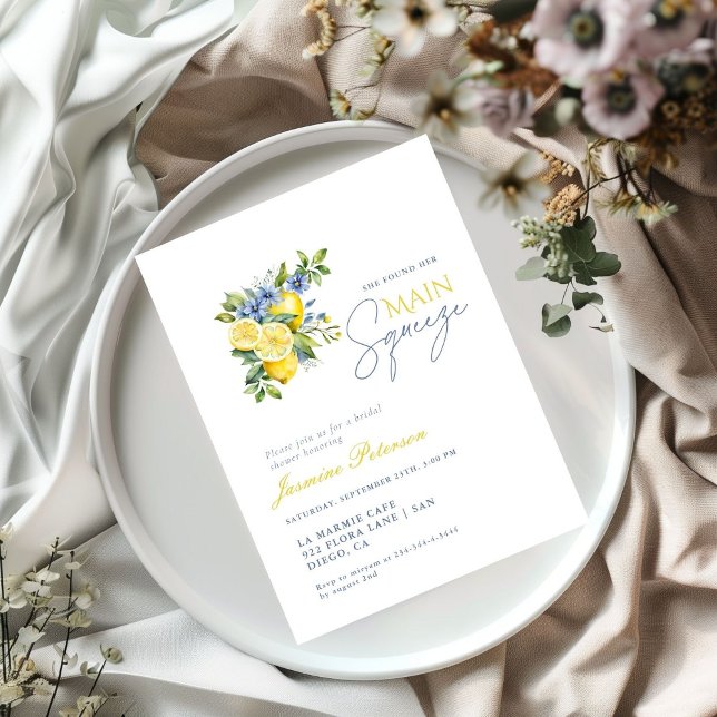 Lemon Blue Floral Citrus Bridal Shower Invitation (Creator Uploaded)