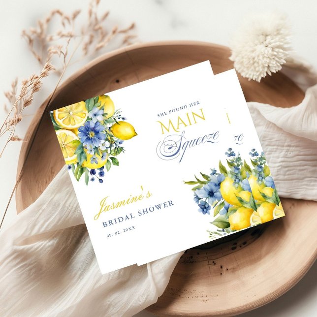 Lemon Blue Floral Citrus Bridal Shower Napkin (Creator Uploaded)