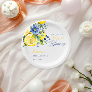 Lemon Blue Floral Citrus Bridal Shower Paper Plate