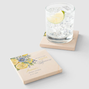 Lemon Blue Floral Citrus Bridal Shower Stone Coaster