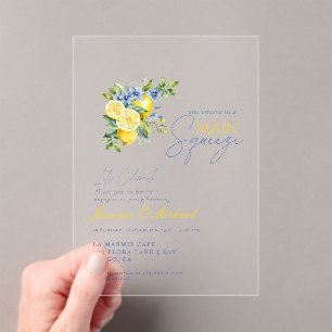 Lemon Blue Floral Citrus Engagement Party Acrylic Invitations