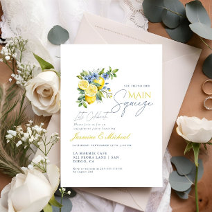 Lemon Blue Floral Citrus Engagement Party Invitation