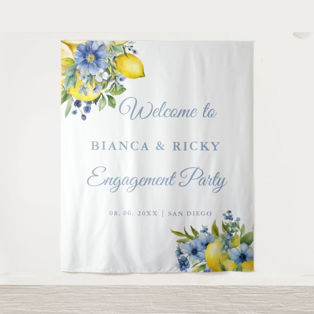 Lemon Blue Floral Citrus Engagement Party Welcome  Tapestry (Front)
