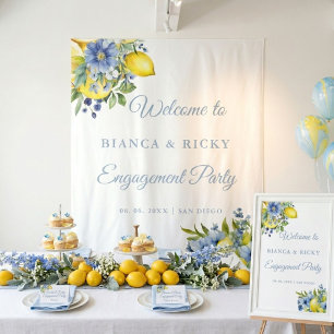 Lemon Blue Floral Citrus Engagement Party Welcome  Tapestry
