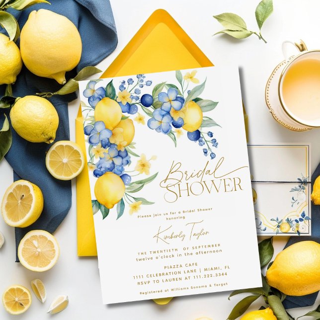 Lemon Blue Floral Italian Bridal Shower Invitation (Creator Uploaded)