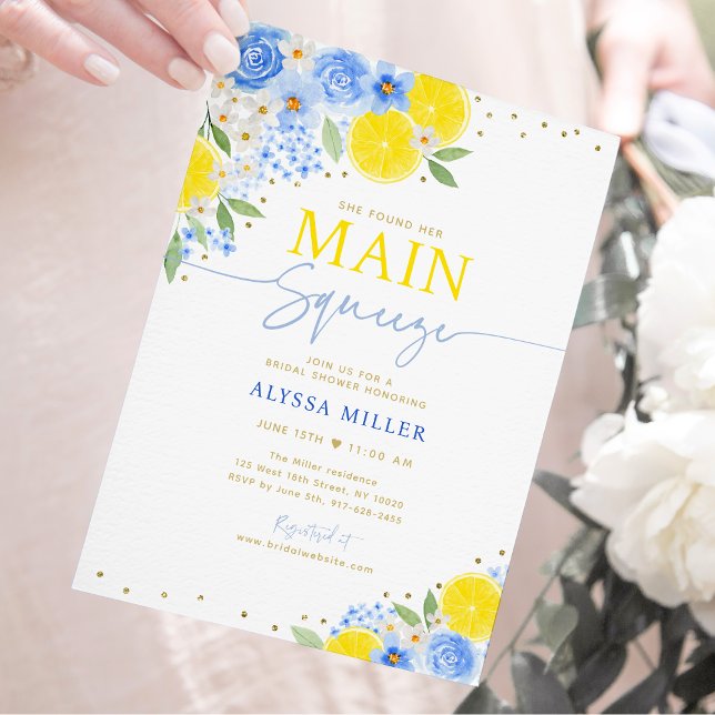 Lemon Blue Floral Main Squeeze Bridal Shower Invitation (Creator Uploaded)