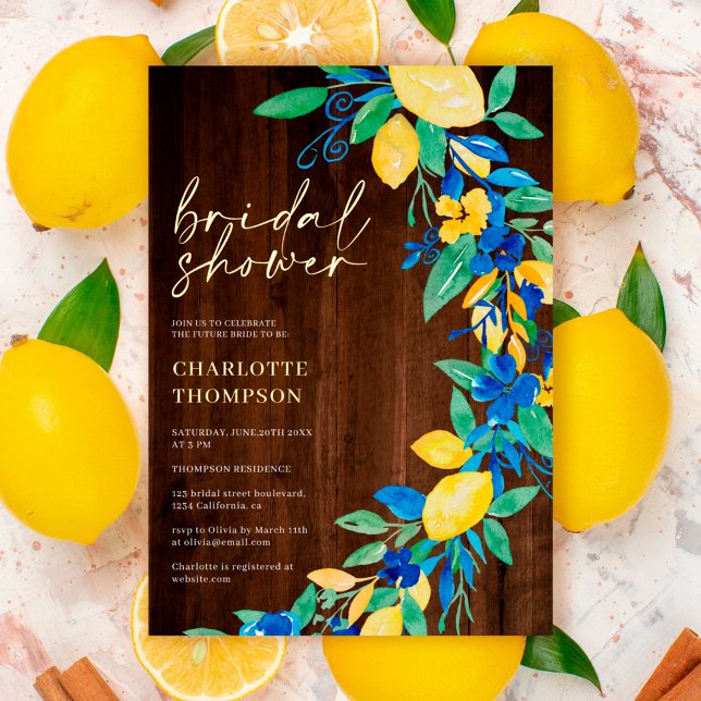 Lemon blue floral wood script bridal shower (Creator Uploaded)