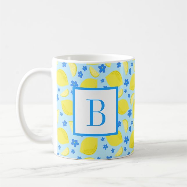 Lemon Blue Flower Monogram Initial Personalised Coffee Mug (Left)