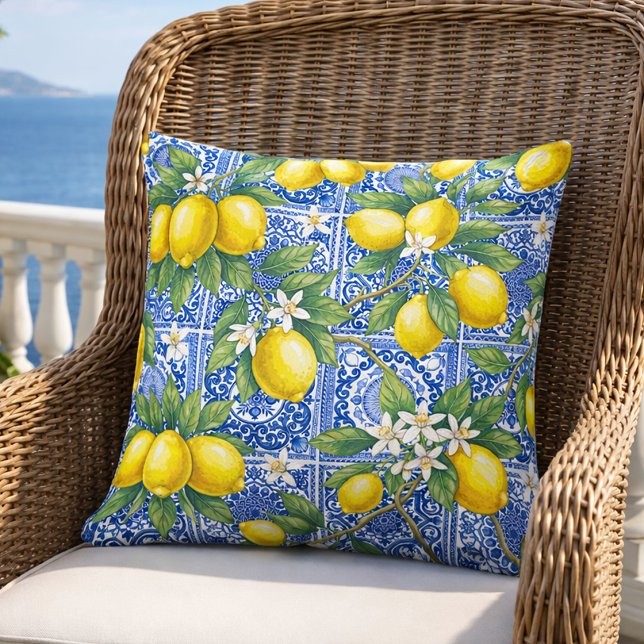 Lemon Blue French Country Watercolor Tile Cushion (Creator Uploaded)