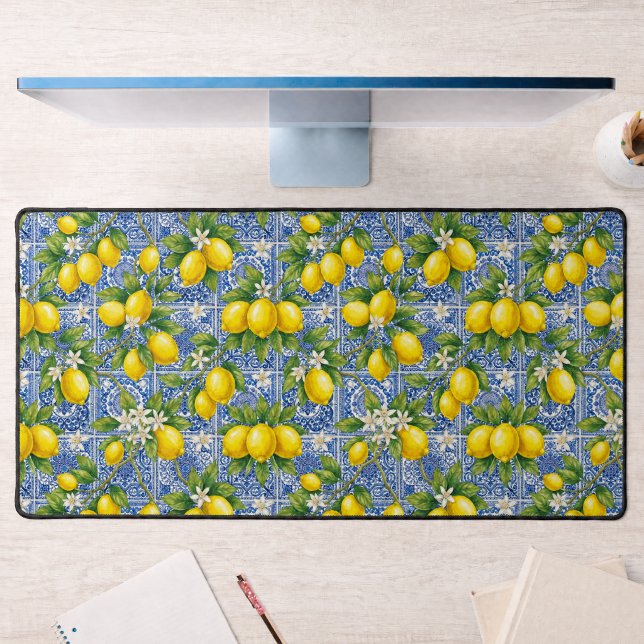 Lemon Blue French Country Watercolor Tile Desk Mat (Creator Uploaded)