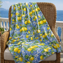 Lemon Blue French Country Watercolor Tile Fleece Blanket