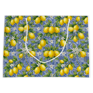 Lemon Blue French Country Watercolor Tile Large Gift Bag