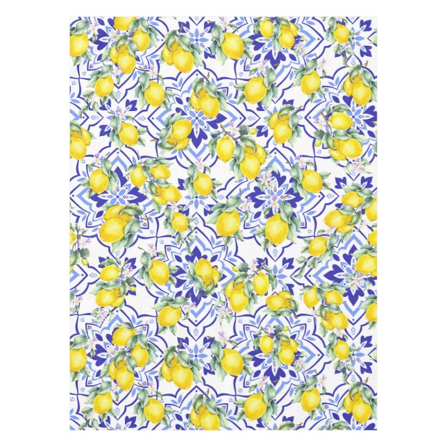 Lemon Blue French Country Watercolor Tile  Tablecloth (Front)