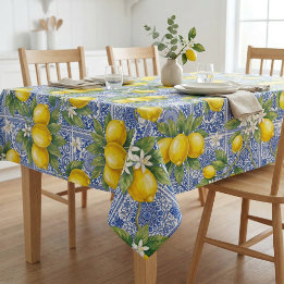 Lemon Blue French Country Watercolor Tile Tablecloth