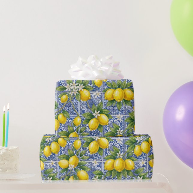Lemon Blue French Country Watercolor Tile Wrapping Paper (Party Gifts)