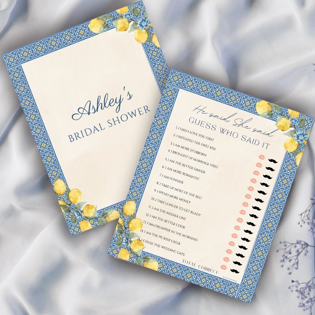 Lemon Blue He Said She Said Bridal Shower Game (That's Amore Lemon Italian Bridal Shower He Said She Said Game)