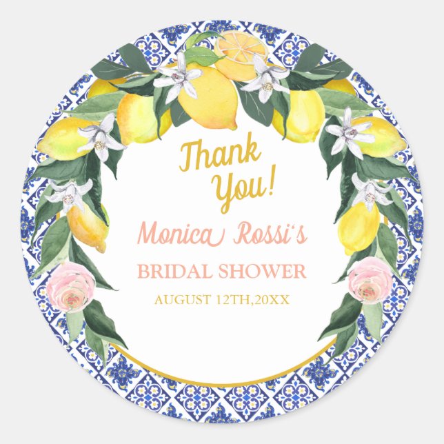 Lemon Blue Italian Tiles  Bridal Shower Thank You  Classic Round Sticker (Front)