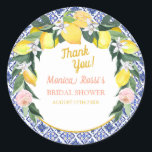 Lemon Blue Italian Tiles  Bridal Shower Thank You  Classic Round Sticker<br><div class="desc">This enchanting, beautiful and elegant bridal shower thank you round stickers design features a vibrant watercolor Italian citrus lemons and pink roses, complimented by intricate Mediterranean Italian blue tiles pattern with script "Thank You" yellow golden lettering stylish calligraphy. This stickers promise to bring the allure of Mediterranean charm to your...</div>