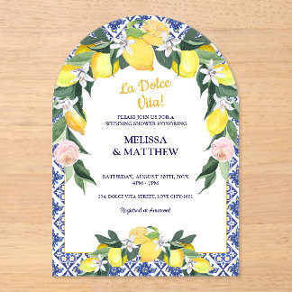 Lemon Blue Italian Tiles Couple Wedding Shower Acrylic Invitations
