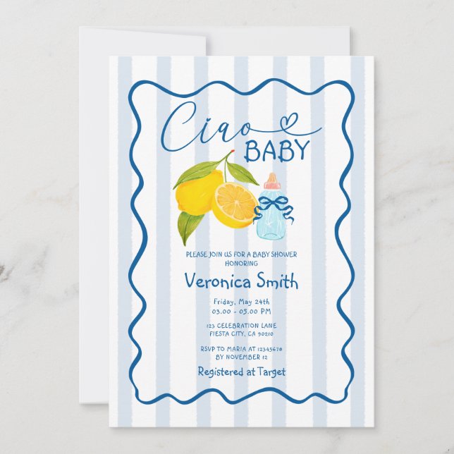 Lemon Blue Italy Ciao Baby Shower Invite  (Front)