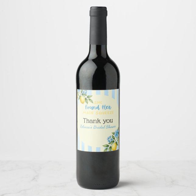 Lemon Blue Main Squeeze Bridal Shower Wine Label (Front)