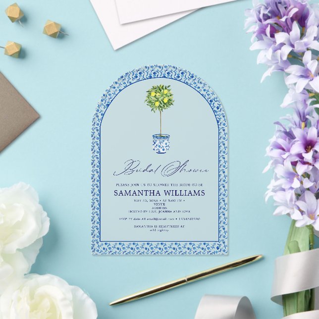 Lemon Blue Mediteranean Tiles Garden Bridal Shower Acrylic Invitations (Insitu (Wedding))