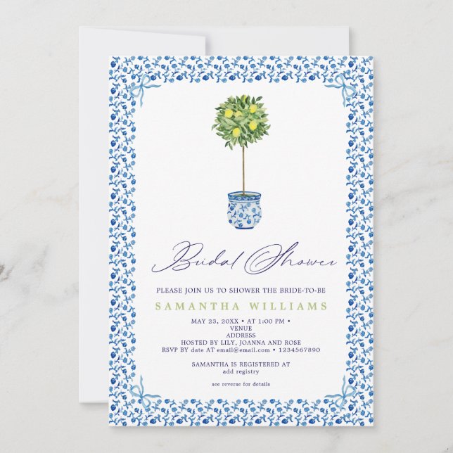 Lemon Blue Mediteranean Tiles Garden Bridal Shower Invitation (Front)