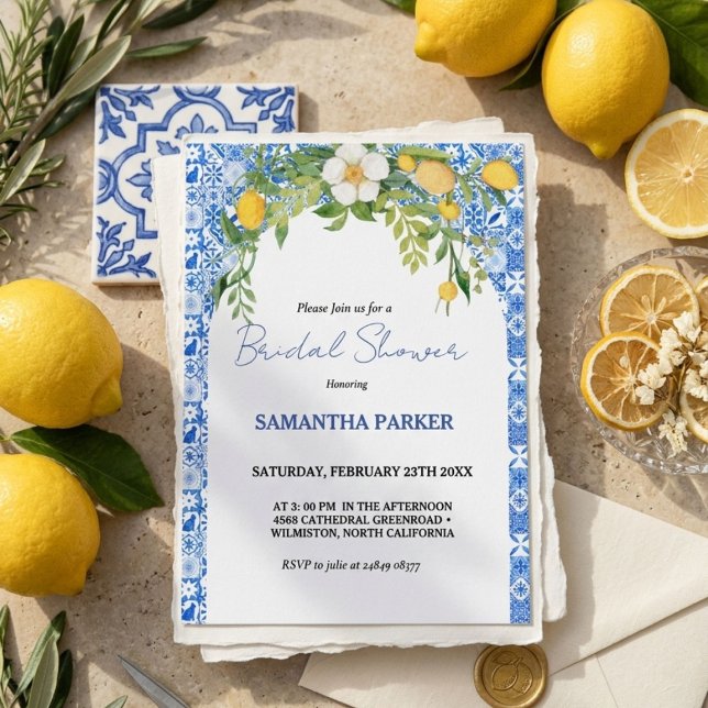  Lemon Blue Mediterranean Italian Bridal Shower Invitation (Creator Uploaded)