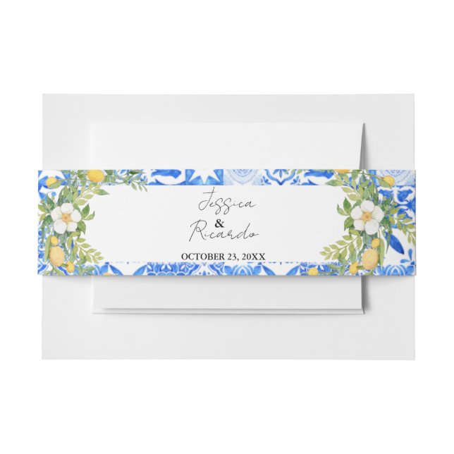 Lemon Blue Mediterranean tile Italian Wedding Invitation Belly Band (Front Example)