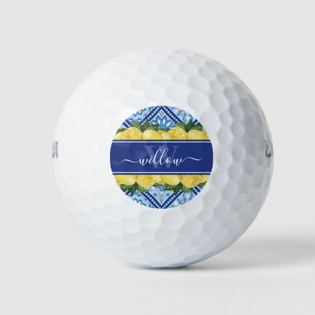 Lemon Blue Tile Backsplash Monogram Golf Balls (Front)