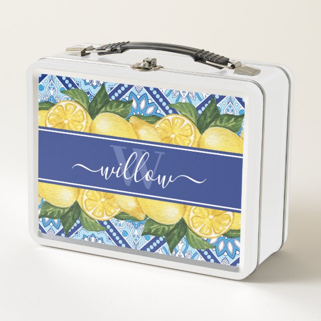 Lemon Blue Tile Backsplash Monogram Metal Lunch Box (Front)