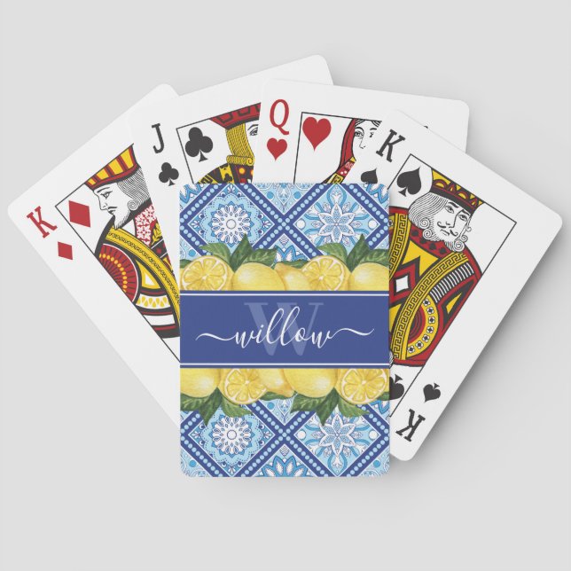Lemon Blue Tile Backsplash Monogram Playing Cards (Back)